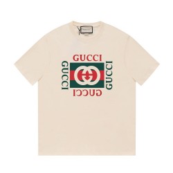 Gucci Men's Cream White Logo Print Cotton Jersey T-shirt