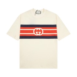 Gucci SS21 Interlock Double G Stripe Printing Short Sleeve Creamy White T-Shirt 616036-XJDAG-9095