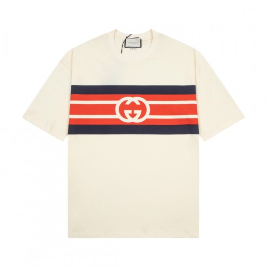 Gucci SS21 Interlock Double G Stripe Printing Short Sleeve Creamy White T-Shirt 616036-XJDAG-9095