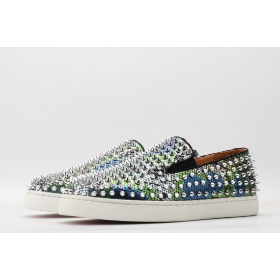 Christian Louboutin Spike Roller Boat Sneaker Green Blue Snakeskin