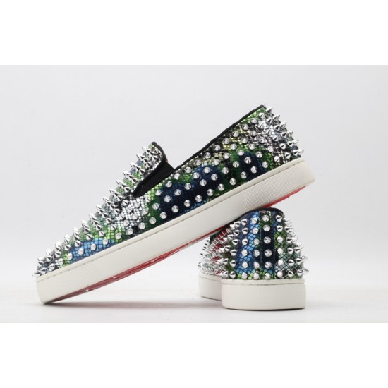 Christian Louboutin Spike Roller Boat Sneaker Green Blue Snakeskin