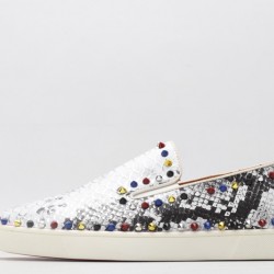 Christian Louboutin Spike Roller Boat Sneaker White Black Snakeskin