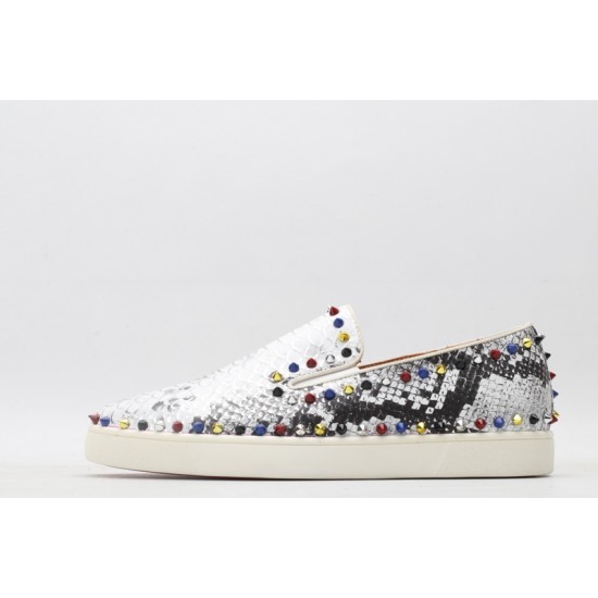 Christian Louboutin Spike Roller Boat Sneaker White Black Snakeskin