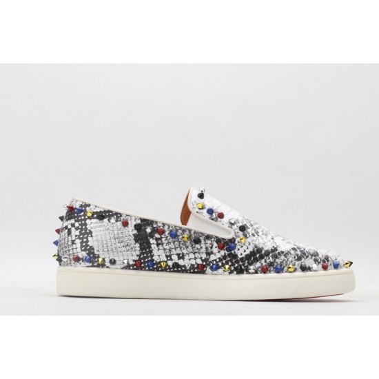 Christian Louboutin Spike Roller Boat Sneaker White Black Snakeskin