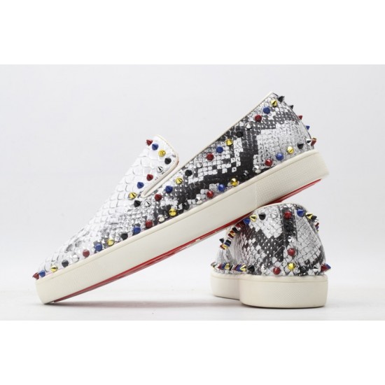 Christian Louboutin Spike Roller Boat Sneaker White Black Snakeskin