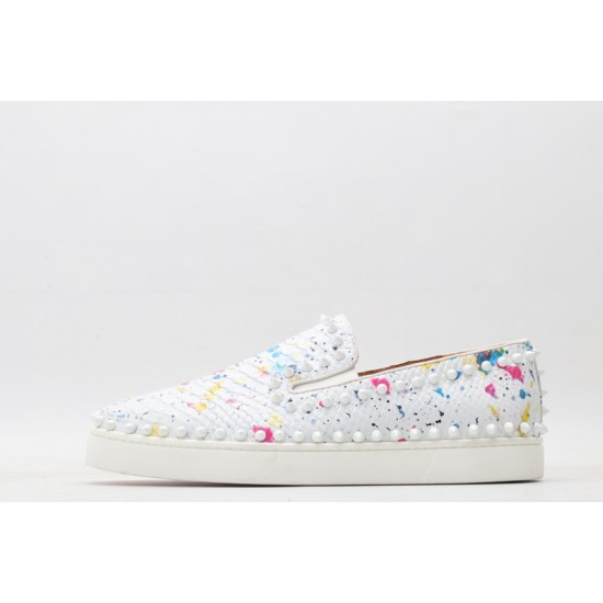 Christian Louboutin Spike Roller Boat Sneaker White Pink Snakeskin