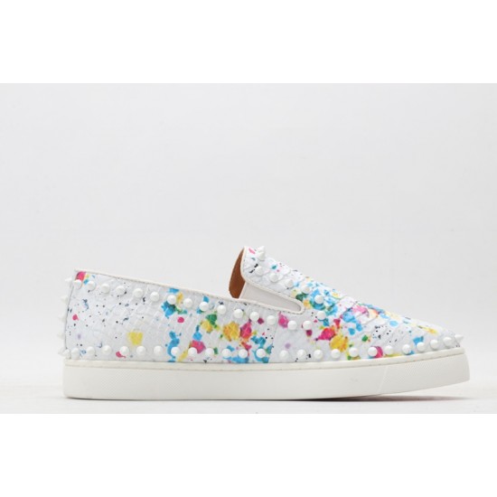 Christian Louboutin Spike Roller Boat Sneaker White Pink Snakeskin