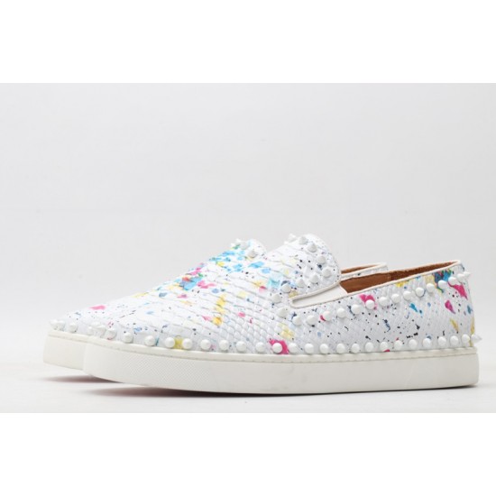 Christian Louboutin Spike Roller Boat Sneaker White Pink Snakeskin