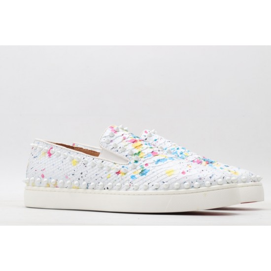 Christian Louboutin Spike Roller Boat Sneaker White Pink Snakeskin