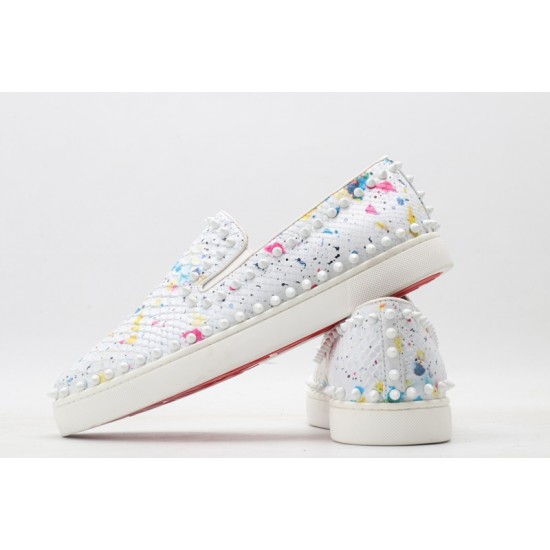 Christian Louboutin Spike Roller Boat Sneaker White Pink Snakeskin