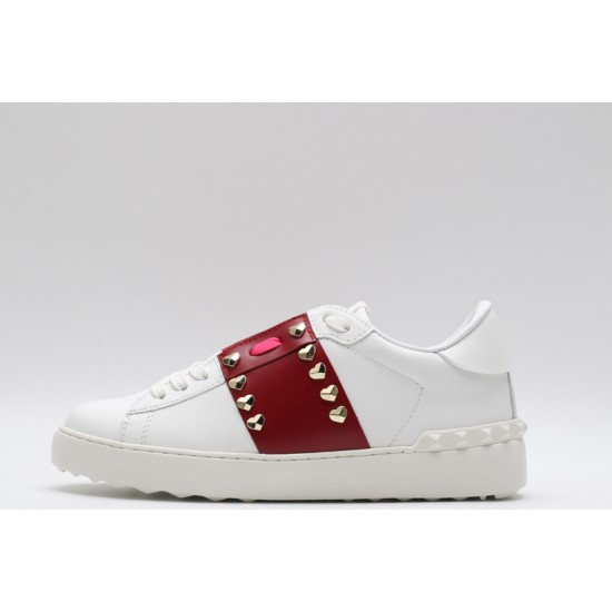 Valentino Garavani Low-Top Paneled Buffed Calfskin Sneaker White Red Studded