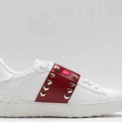 Valentino Garavani Low-Top Paneled Buffed Calfskin Sneaker White Red Studded