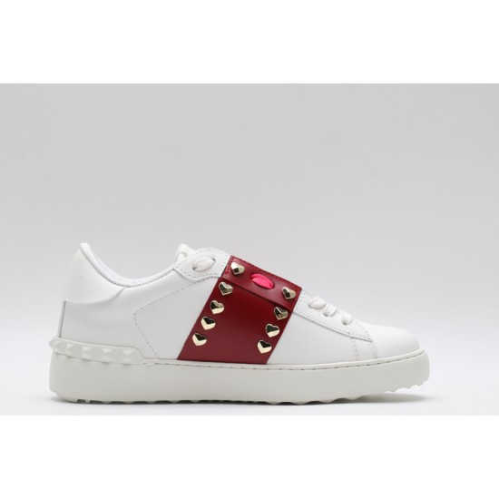 Valentino Garavani Low-Top Paneled Buffed Calfskin Sneaker White Red Studded