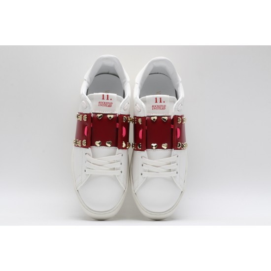 Valentino Garavani Low-Top Paneled Buffed Calfskin Sneaker White Red Studded