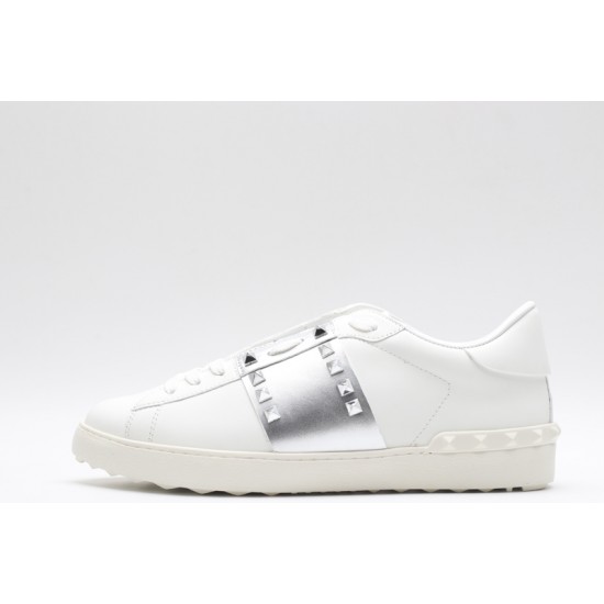 Valentino Garavani Low-Top Paneled Buffed Calfskin Sneaker White Metallic Silver