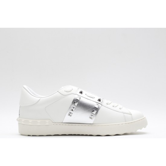 Valentino Garavani Low-Top Paneled Buffed Calfskin Sneaker White Metallic Silver