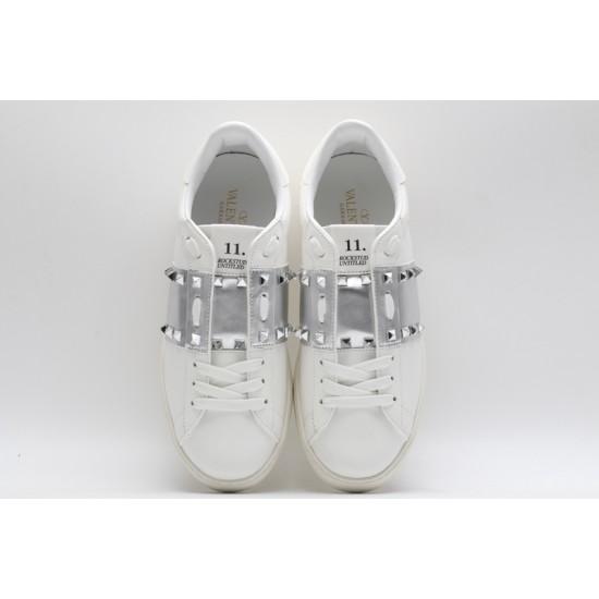 Valentino Garavani Low-Top Paneled Buffed Calfskin Sneaker White Metallic Silver