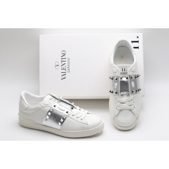 Valentino Garavani Low-Top Paneled Buffed Calfskin Sneaker White Metallic Silver