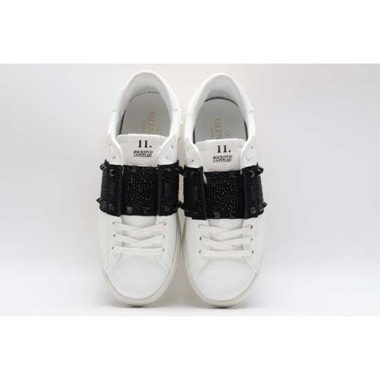 Valentino Garavani Low-Top Paneled Buffed Calfskin Sneaker White Black Studded