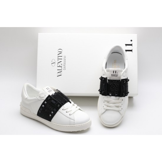 Valentino Garavani Low-Top Paneled Buffed Calfskin Sneaker White Black Studded