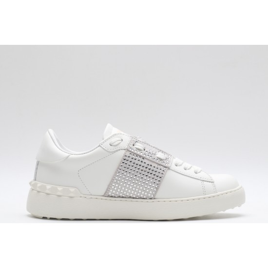 Valentino Garavani Low-Top Paneled Buffed Calfskin Sneaker White Silver Studded