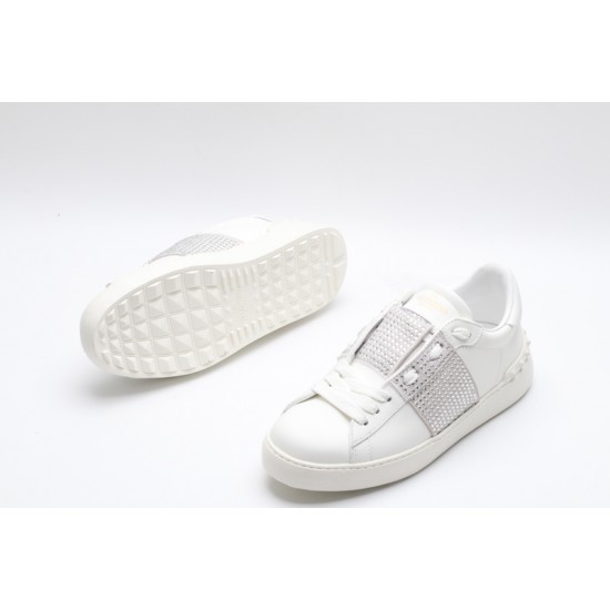 Valentino Garavani Low-Top Paneled Buffed Calfskin Sneaker White Silver Studded