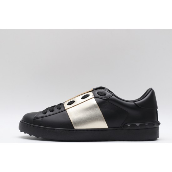 Valentino Garavani Low-Top Buffed Calfskin Open Sneaker Black Silver