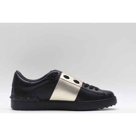 Valentino Garavani Low-Top Buffed Calfskin Open Sneaker Black Silver