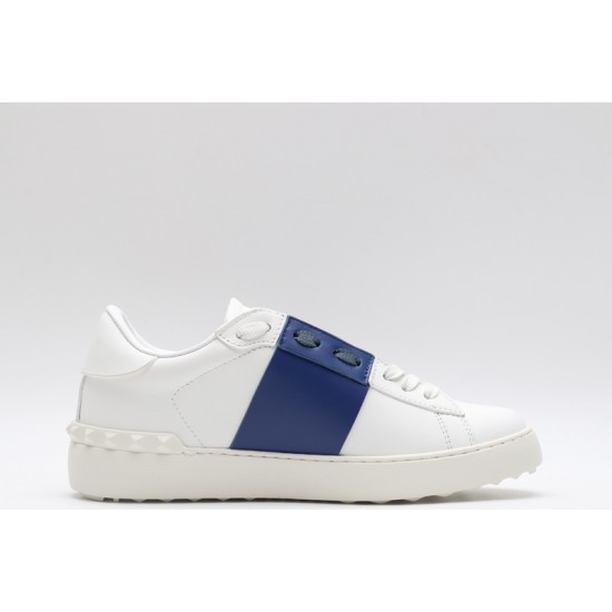 Valentino Garavani Low-Top Buffed Calfskin Open Sneaker White Blue