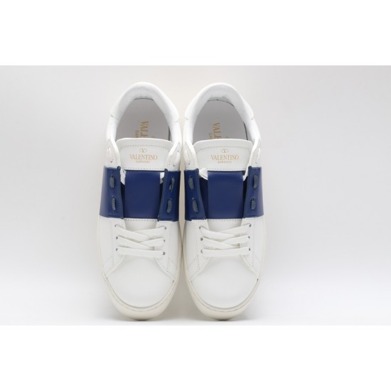 Valentino Garavani Low-Top Buffed Calfskin Open Sneaker White Blue