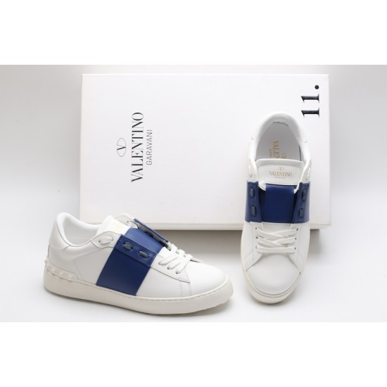 Valentino Garavani Low-Top Buffed Calfskin Open Sneaker White Blue