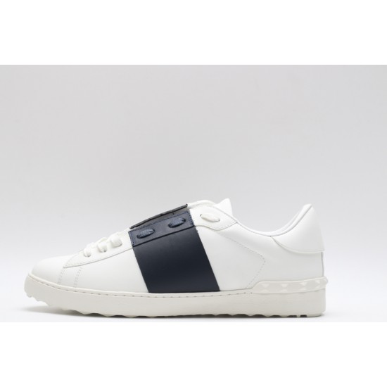 Valentino Garavani Low-Top Buffed Calfskin Open Sneaker White Navy