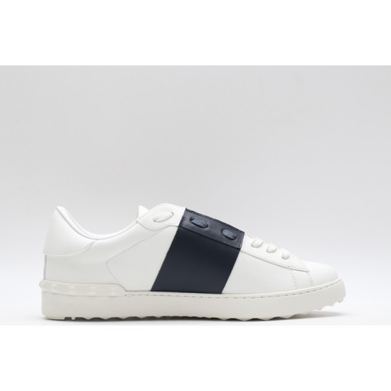 Valentino Garavani Low-Top Buffed Calfskin Open Sneaker White Navy