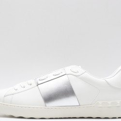 Valentino Garavani Low-Top Buffed Calfskin Open Sneaker White Silver