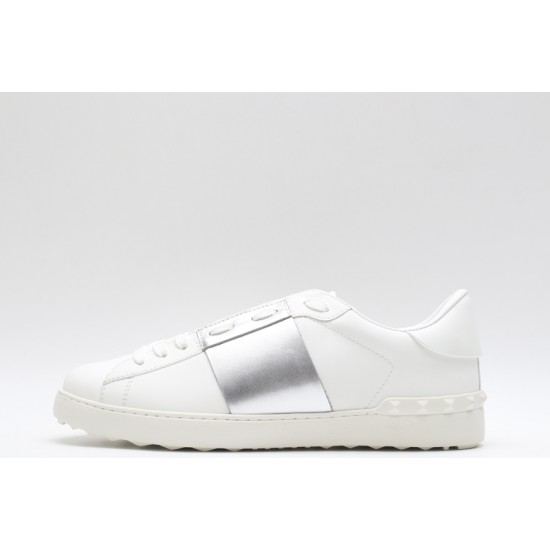 Valentino Garavani Low-Top Buffed Calfskin Open Sneaker White Silver