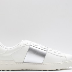 Valentino Garavani Low-Top Buffed Calfskin Open Sneaker White Silver