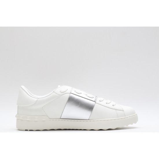 Valentino Garavani Low-Top Buffed Calfskin Open Sneaker White Silver