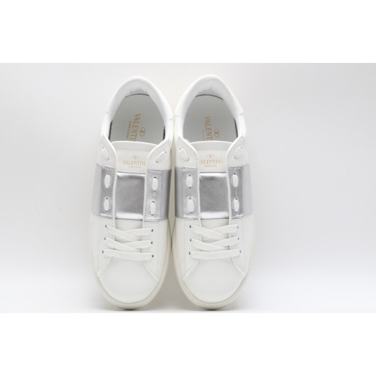 Valentino Garavani Low-Top Buffed Calfskin Open Sneaker White Silver