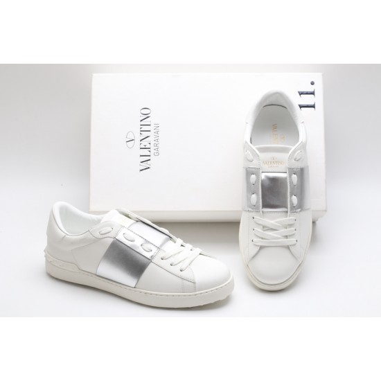 Valentino Garavani Low-Top Buffed Calfskin Open Sneaker White Silver