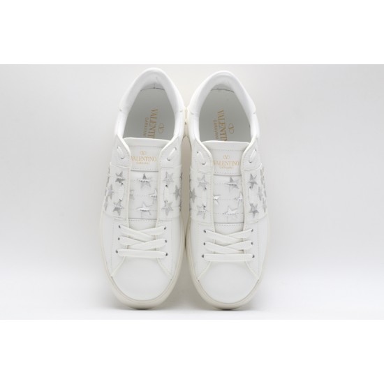 Valentino Garavani Low-Top Buffed Calfskin Open Sneaker White Star