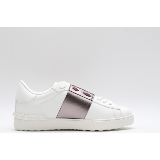 Valentino Garavani Low-Top Buffed Calfskin Open Sneaker White Copper