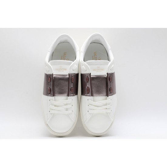 Valentino Garavani Low-Top Buffed Calfskin Open Sneaker White Copper