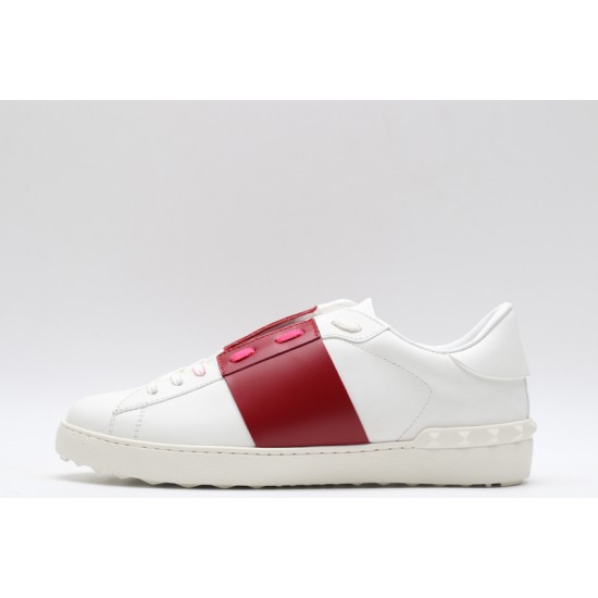 Valentino Garavani Low-Top Buffed Calfskin Open Sneaker White Red Pink