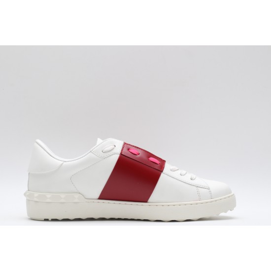 Valentino Garavani Low-Top Buffed Calfskin Open Sneaker White Red Pink