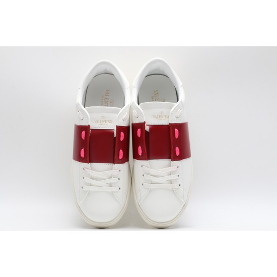 Valentino Garavani Low-Top Buffed Calfskin Open Sneaker White Red Pink