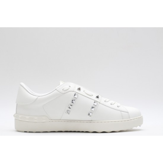 Valentino Garavani Low-Top Buffed Calfskin Open Sneaker White Silver