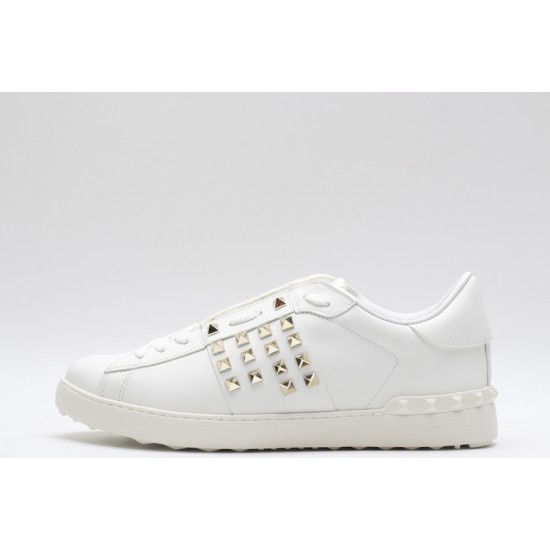 Valentino Garavani Low-Top Buffed Calfskin Open Sneaker White Gold Studded