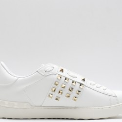 Valentino Garavani Low-Top Buffed Calfskin Open Sneaker White Gold Studded