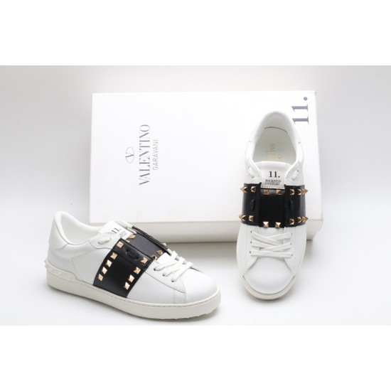 Valentino Garavani Low-Top Buffed Calfskin Open Sneaker White Black Gold