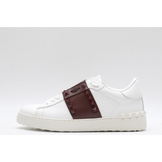 Valentino Garavani Low-Top Buffed Calfskin Open Sneaker White Burgundy Studded